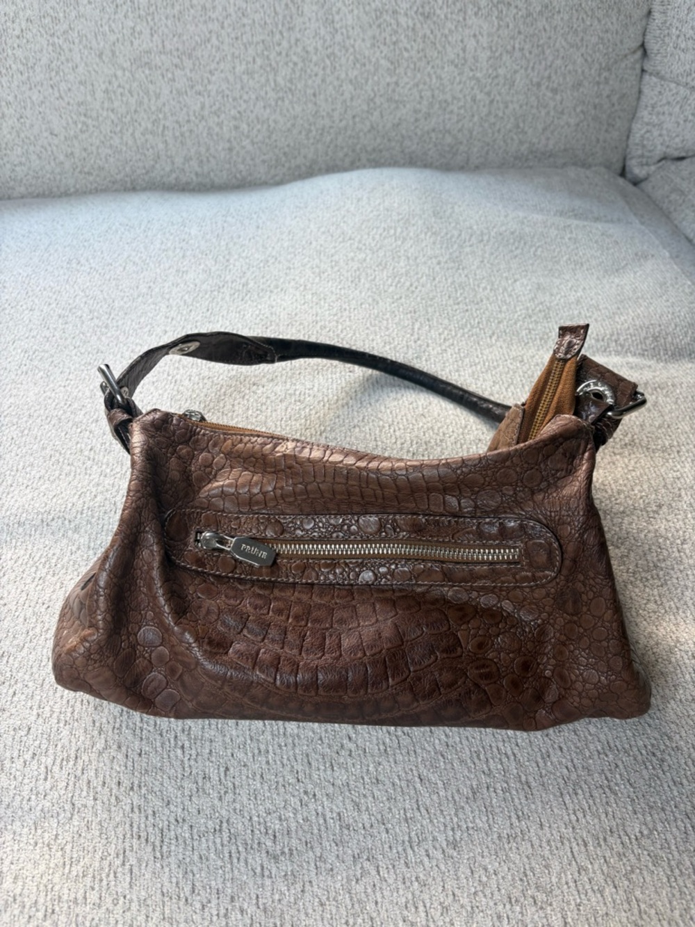 Prune Brown Croc-Embossed Shoulder Bag with Front Zip VINTAGE